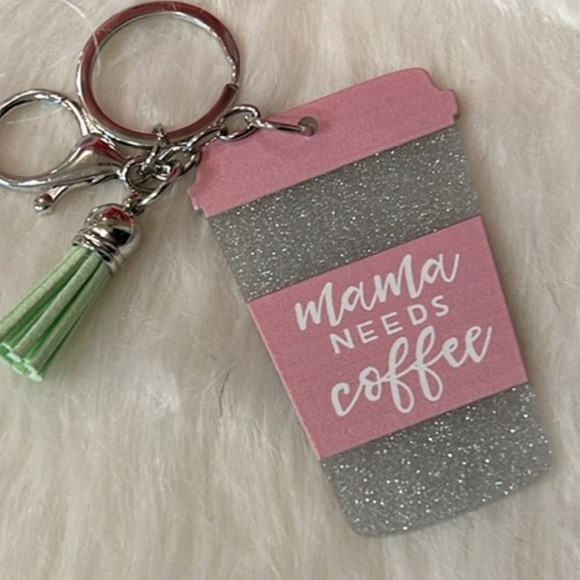 pink and glitter silver, Key chain "mamma needs coffee" with green tassel - Picture 1 of 4
